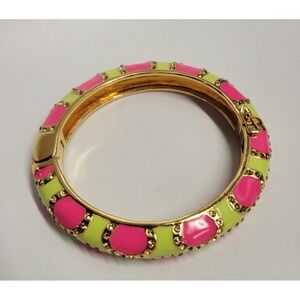 Kate Spade Neon Pink Yellow‎ Enamel Hinged Bangle Bracelet w. Rhinestones